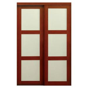 TRUporte 2310 Series 60 in. x 80-1/2 in. 3-Lite Tempered Frosted Glass Composite Cherry Interior Sliding Door