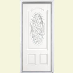 Masonite Oakville Three Quarter Oval Lite Primed Smooth Fiberglass Entry Door with Brickmold