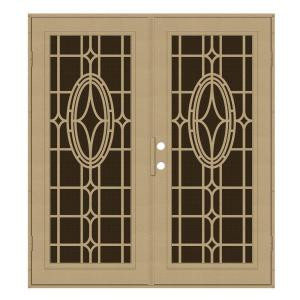 Unique Home Designs Modern Cross 60 in. x 80 in. Desert Sand Right-Hand Surface Mount Aluminum Security Door with Brown Perforated Screen