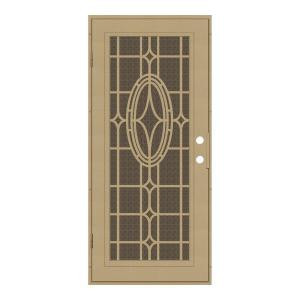 Unique Home Designs Modern Cross 32 in. x 80 in. Desert Sand Left-Hand Surface Mount Aluminum Security Door with Brown Perforated Screen