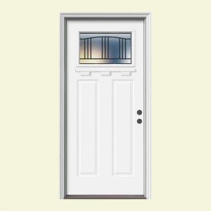 JELD-WEN Premium Madison Craftsman Painted White Steel Entry Door with Brickmold and Shelf