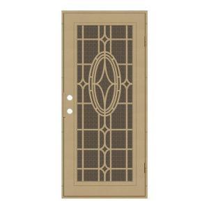Unique Home Designs Modern Cross 32 in. x 80 in. Desert Sand Right-Hand Surface Mount Aluminum Security Door with Brown Perforated Screen