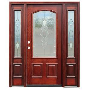 Pacific Entries Strathmore Traditional 3/4 Lite Arch Stained Mahogany Wood Entry Door with 12 in. Sidelites