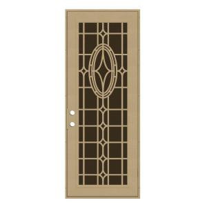 Unique Home Designs Modern Cross 36 in. x 96 in. Desert Sand Right-Hand Surface Mount Aluminum Security Door with Brown Perforated Screen