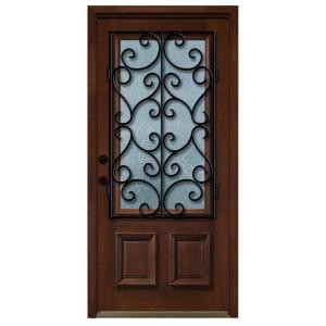 Steves & Sons Decorative Iron Grille 3/4 Lite Stained Mahogany Wood Right-Hand Entry Door with 4 in. wall and Stained Jamb