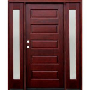 Pacific Entries Contemporary 5 Panel Stained Mahogany Wood Entry Door with 6 in. Wall Series and 14 in. Reed Sidelites