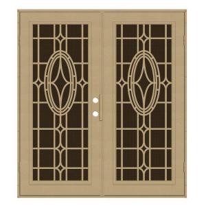 Unique Home Designs Modern Cross 72 in. x 80 in. Desert Sand Left-Hand Surface Mount Aluminum Security Door with Brown Perforated Screen