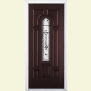 Masonite Providence Center Arch Merlot Mahogany Grain Textured Fiberglass Entry Door with Brickmold