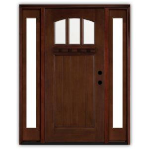 Craftsman 3 Lite Arch Stained Mahogany Wood Left-Hand Entry Door with 12 in. Sidelites and 6 in. Wall