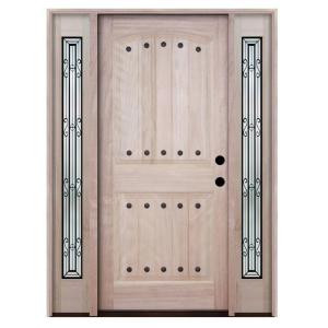 Steves & Sons Rustic 2-Panel Plank Unfinished Mahogany Wood Entry Door with Sidelites