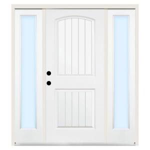 Steves & Sons Premium 2-Panel Plank Primed White Steel Right-Hand Entry Door with 12 in. Clear Glass Sidelites and 4 in. Wall
