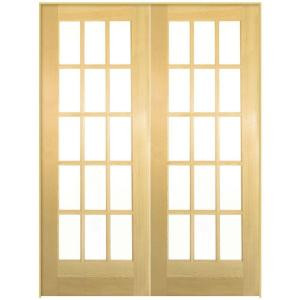 Smooth 15 Lite Solid-Core Unfinished Pine Double Prehung Interior French Door