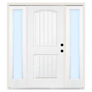 Steves & Sons Premium 2-Panel Plank Primed White Steel Left-Hand Entry Door with 10 in. Clear Glass Sidelites and 6 in. Wall