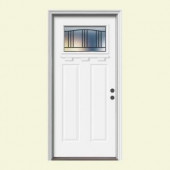 JELD-WEN Premium Madison Craftsman Painted White Steel Entry Door with Brickmold and Shelf