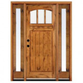 Craftsman 3 Lite Arch Stained Knotty Alder Wood Right-Hand Entry Door with 14 in. Sidelites and 6 in. Wall