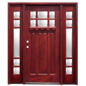 Pacific Entries Craftsman 6 Lite Stained Mahogany Wood Entry Door with Dentil Shelf and 12 in. Sidelites