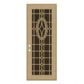 Unique Home Designs Modern Cross 36 in. x 96 in. Desert Sand Right-Hand Surface Mount Aluminum Security Door with Brown Perforated Screen