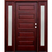 Pacific Entries Contemporary 5 Panel Stained Mahogany Wood Entry Door with 6 in. Wall Series and 12 in. Reed Sidelites