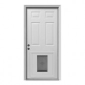 JELD-WEN 6-Panel Primed White Steel Entry Door with Large Pet Door and Brickmold