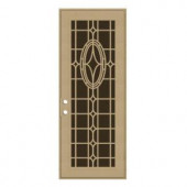Unique Home Designs Modern Cross 36 in. x 96 in. Desert Sand Right-Hand Recessed Mount Aluminum Security Door with Brown Perforated Screen