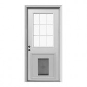 JELD-WEN 9 Lite Primed White Steel Entry Door with Medium Pet Door and Brickmold